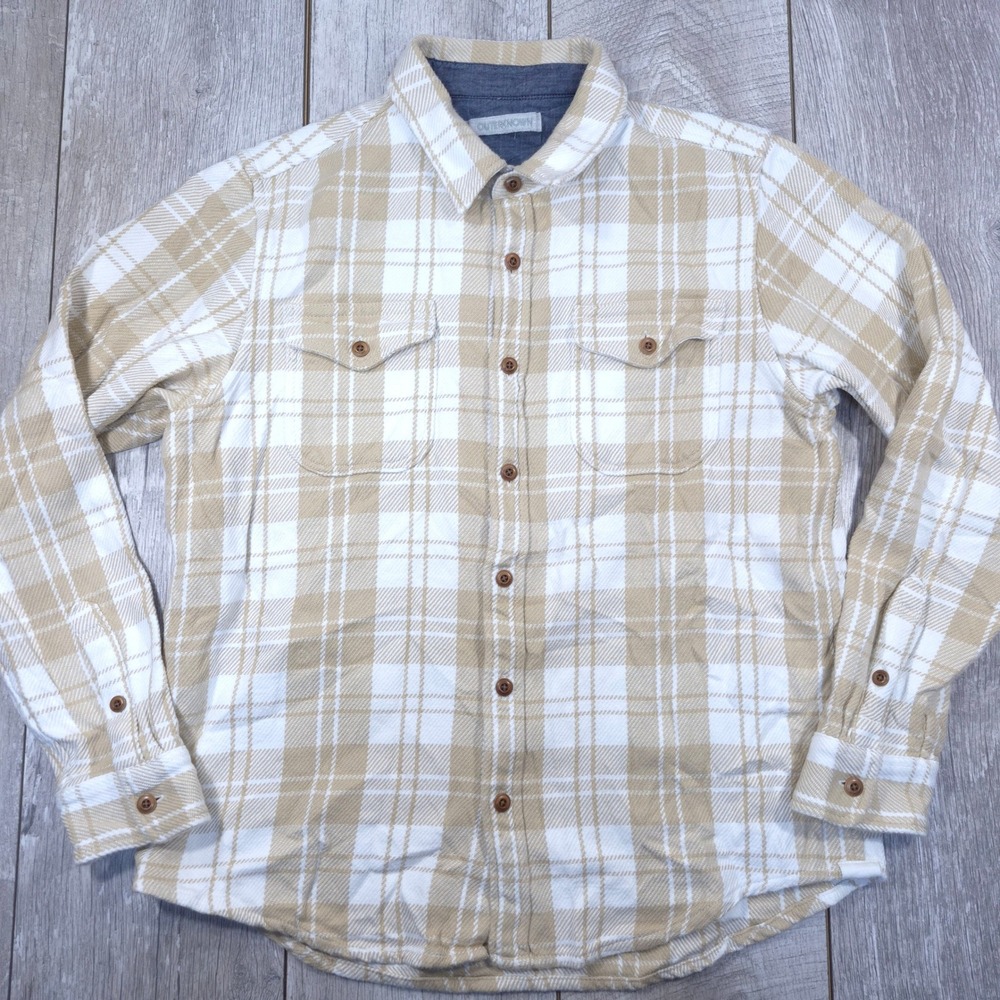 Outerknown Blanket Shirt Men Size Large Tan White Plaid Organic Cotton Flannel